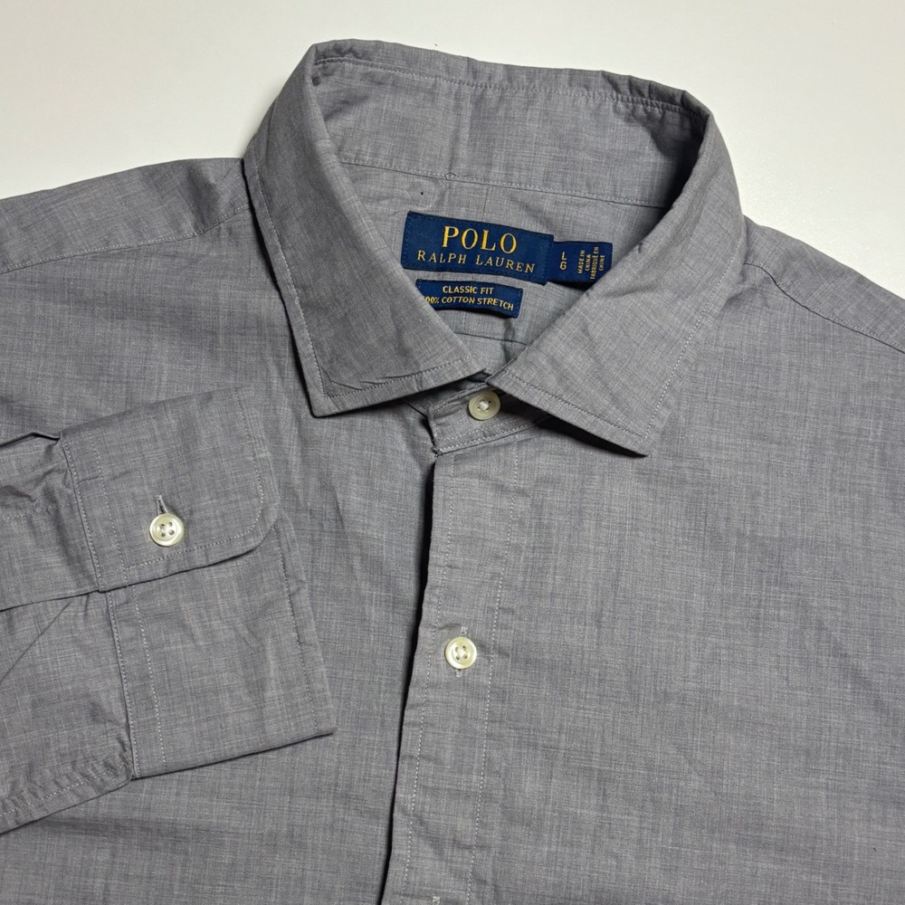 Polo Ralph Lauren Gray Classic Fit Cotton Stretch Mens L Long Sleeve Button Up